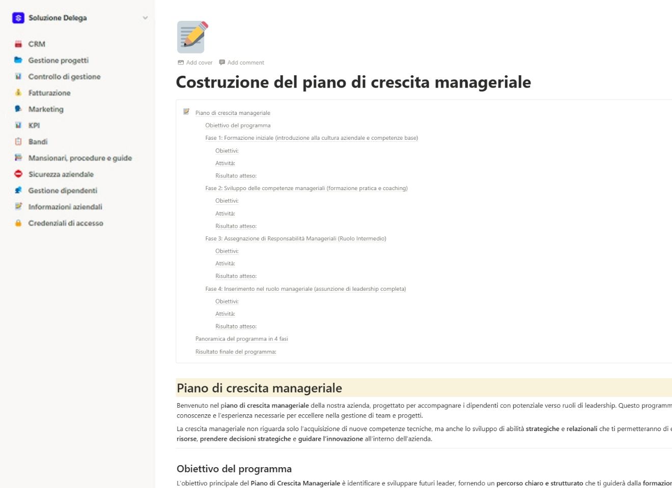 Costruzione del piano di crescita manageriale