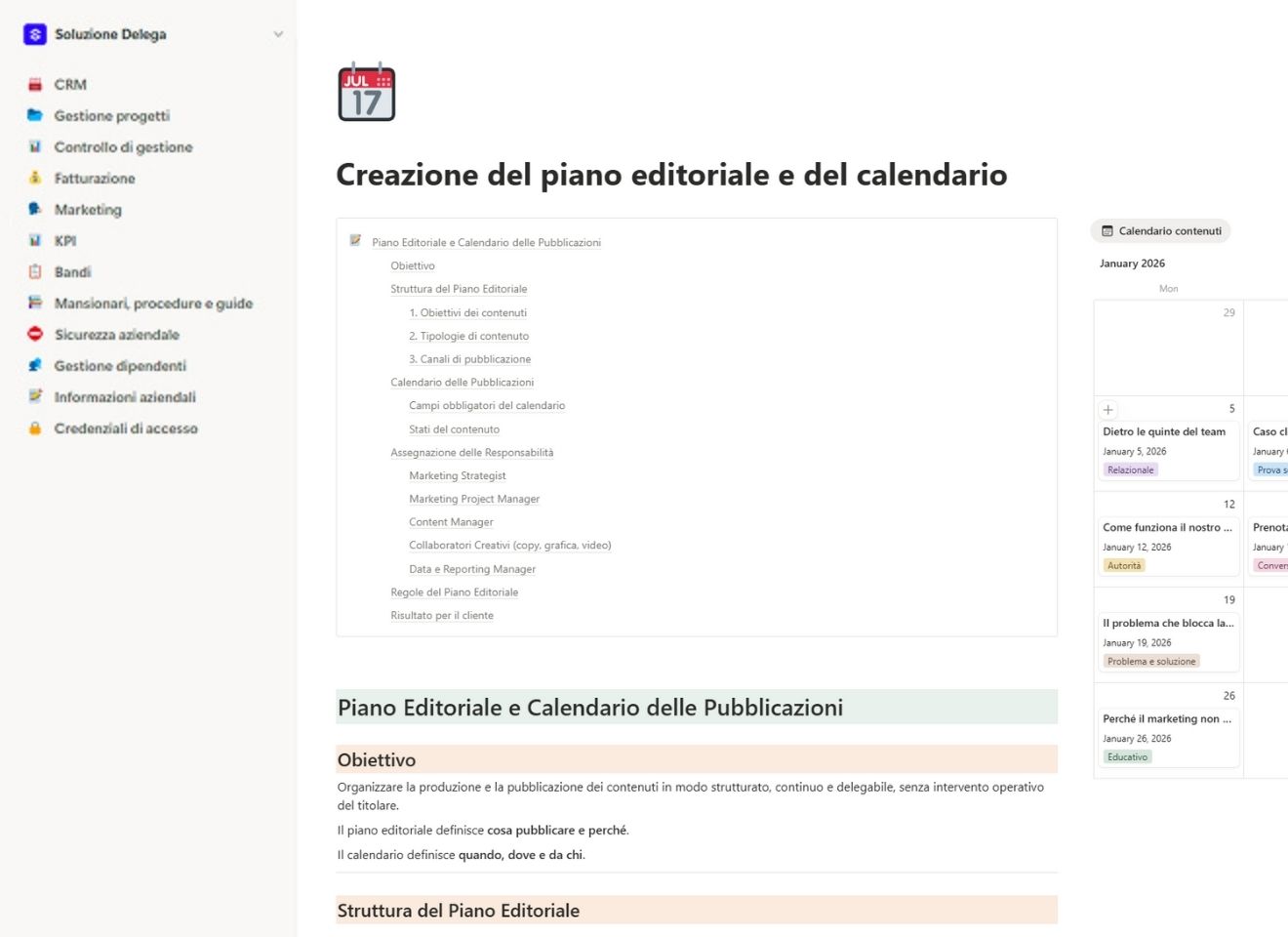 Creazione del piano editoriale e del calendario